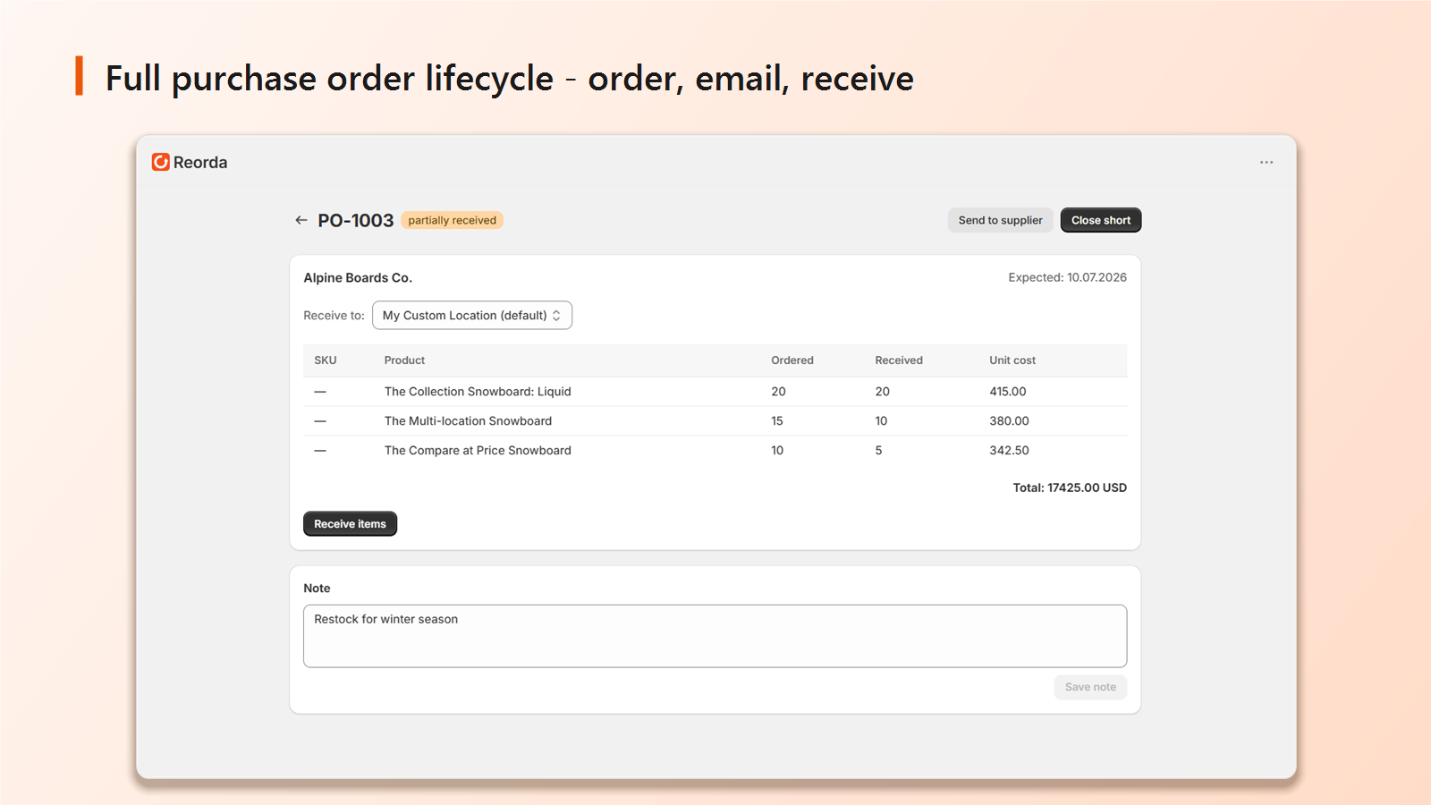 Purchase orders — build, email and receive against a supplier.